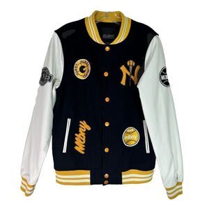 New York Yankees Leather Wool Varsity Bomber Jacket Size M BLBMY Maker Of Jacket